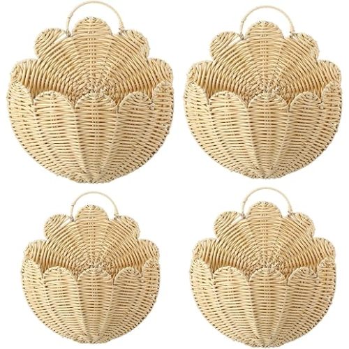 4 Pcs Scalloped Wall Baskets Hanging Baskets 4 Different Sizes Large and Small Hand Woven Plastic Rattan Craft Original Storage Holder Scalloped Decor for Nursery Home House Bathroom