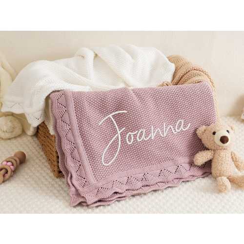 Embroidered Baby Blanket: Knitted Cotton Name Blanket, Pink Frill Edge