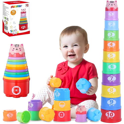 MOONTOY Stacking Cups Baby Toys, Montessori Nesting Bath Toys 6-12 Months, Educational Toys with Numbers and Shapes