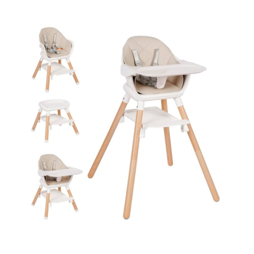 Baby High Chair, 6 in 1 Wooden Convertible High Chairs for Toddlers, Booster Seat with Double Tray & Reversible Footrest, 5-Point Harness Feeding Chair, Beige