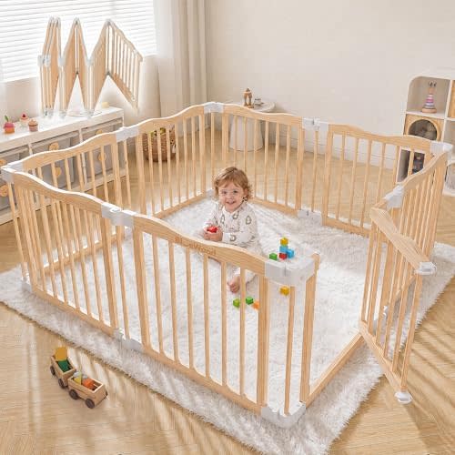 BlueWood Wooden Playpen, Foldable Baby Play Yard with Door, 55 * 55