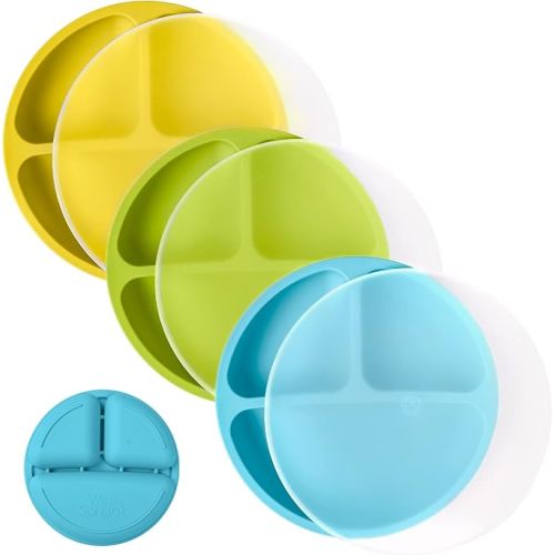 WeeSprout Silicone Plates with Lids for Babies & Toddlers (3 Pack) 100% Food-Grade Dishes for Self Feeding, Divided Design & Raised Edges for Picky Eaters, Dishwasher & Microwave Safe Weaning Supplies