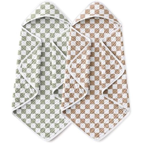 Yoofoss Hooded Baby Towels for Newborn 2 Pack 100% Muslin Organic Cotton Baby Bath Towel with Hood for Babies, Infant, Toddler and Kids, 32x32Inch, Soft and Absorbent, Green Brown Checkered