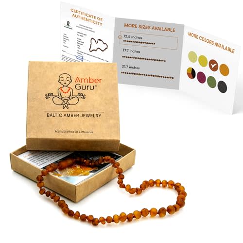 Amber Guru Baltic Amber Necklace (Authentic, Certified) - 12.5 inches - Unisex Jewelry - Cognac (Raw/Unpolished) - Real Amber Beads - Proud to Deliver Genuine Baltic Sea Wonder Handmade