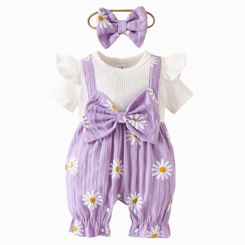 mgoYE Baby Girl Clothes Summer Newborn Daisy Bow Ruffle Short Sleeve Romper Jumpsuit Onesie Cute Infant Spring Outfit(Purple,1-3 Months)