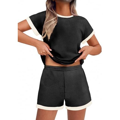 Ekouaer 2 Piece Sets for Women Summer Outfits Cute Stripe Knit T Shirts Shorts Matching Lounge Set