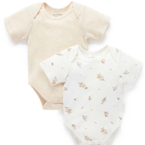 Beige 2 Pack Easy Neck Short Sleeve Bodysuit - Purebaby