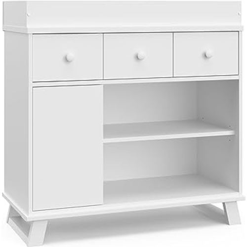 Storkcraft Modern Nursery Changing Table Dresser (White with White) – GREENGUARD Gold Certified, Dresser for Nursery, Changing Table With Drawers