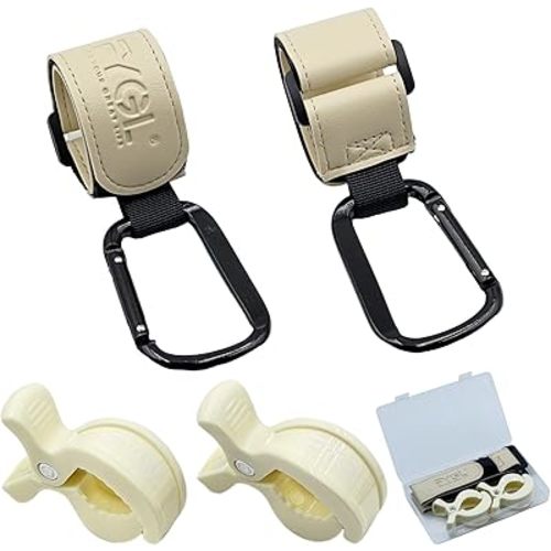 4-Pack Stroller Organizer: 2 Universal Pram Clips with 2 Stroller Hooks | Convenient Travel & Shopping Essentials for Baby Carriage - Light Yellow
