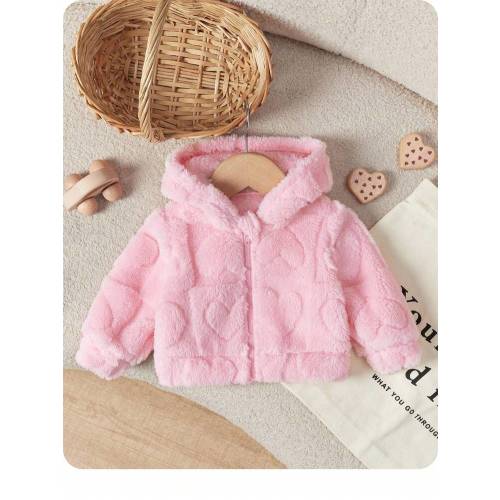 SHEIN Newborn Baby Girl Cute Solid Color Fuzzy Heart Pattern Hooded Thick Jacket For Fall/Winter | SHEIN USA