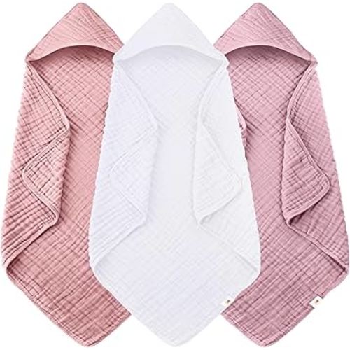Sunny zzzZZ Muslin Hooded Baby Bath Towels - 3 Pack 100% Cotton Soft Low-Saturation Pastel Towels Including Classic White for Newborns, Infants, Toddlers - 32x32 Inch - Light Sakura and White