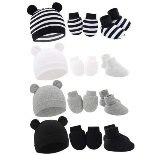 4Pack Newborn Baby Boy Girl Bear Ear Hat and Mitten Footcuff Sets Infant Cotton Beanie Gloves Newborn Hospital Hat 0-6M