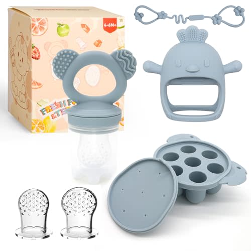 Baby Fruit/Food Feeder with Breastmilk Popsicle Molds & Teether Combo Food Grade Silicon for 6M+ Breastmilk Pops, Frozen Fruit, Baby Teething Relief, Christmas Idea Gift (Blue)