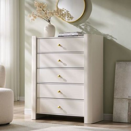 Modern 5 Drawer Dresser with Curved Profile 39.6 "Tall Wooden Chest with Golden Metal Handles Storage Cabinet for Bedroom Living Room Hallway