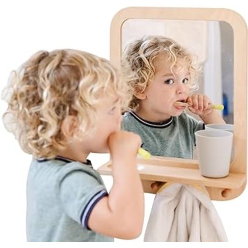 Montessori Wooden and Acrylic Wall Mirror with Hooks for Toddlers - Entryway Mirror with Hooks and Shelf Organizer Self-Care Station