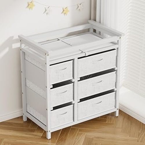KORIMEFA Modern Baby Changing Table, Diaper Changing Table, with 6 Storage Drawers and Changing Pad, White