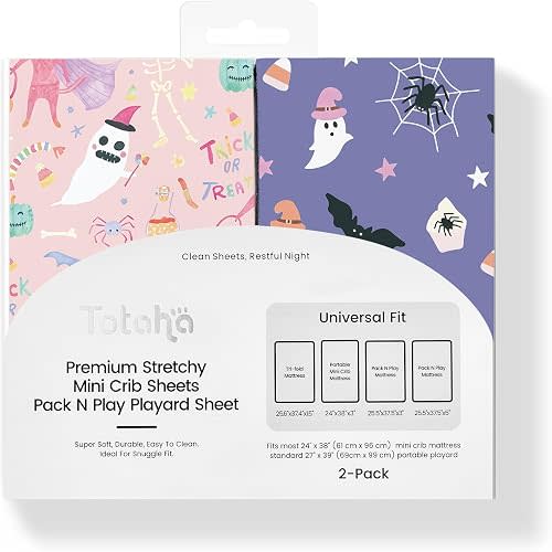 Halloween Mini Crib Sheets Fits Standard Size 39" X 27" Playpen Mattress, Premium Soft Pink Pumpkin Pack and Play Sheets Fitted Neutral, 2-Pack Playard Sheets, Boo, Trick or Treat