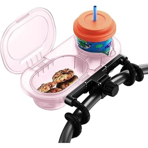 Universal Stroller Snack Tray: Cup Holder Tray with Silicone Flexible Arms Grip Stroller Tray with Dust Cover- Stroller Tray Attachment with Cups Holder for Baby & Toddler Stroller Accessories, Pink