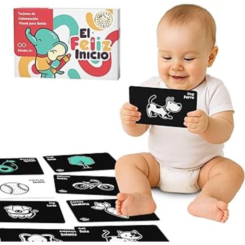 Happy Start High Contrast Baby Cards for Newborns - Black & White Cards, Water-Resistant, BPA-Free, Portable Educational Flashcards for Visual Stimulation, Award-Winning, Ages 0+ (English & Español)