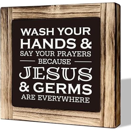 Christian Bathroom Sign - Wash Hands & Prayers, Rustic Wooden Tabletop Art, Farmhouse Washroom Decor
