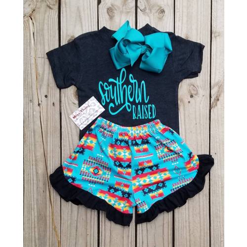 SOUTHERN Raised, Girls Western Clothing, Baby Infant Girls Stuff, Southern Raised, Boho Aztec Mint Short, Western Cowgirl Wear, Rodeo Wear