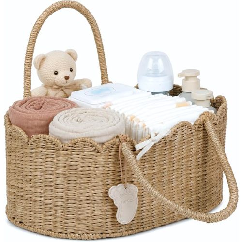 YANGQIHOME Diaper Caddy Organizer, Seagrass Nursery Baby Basket for Baby Essentials, Scalloped Wicker Diaper Caddy, Baby Shower Gifts (MeadowNest)