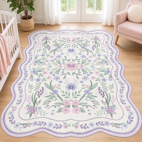 Scalloped Floral Rug 4x6,Purple Lavender Washable Girls Bedroom Rug