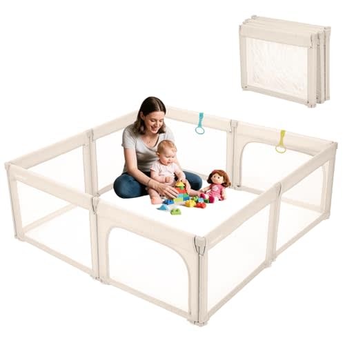 Doradotey Baby Playpen Foldable for Toddlers 1-3, Size and Shape Adjustable Enclosure, 8-Panels Detachable Gate 79x71 Large Indoor Playard, Easy Assembly and Clean, Safety Fence Play Area, Khaki