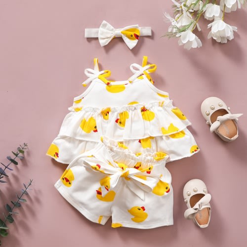 Baby Girl Little Yellow Duck Pattern Suspender Top & Shorts & Headband - hibobi