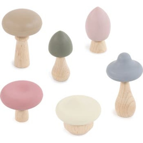 6pc Wood and Silicone Mushroom Toy Set