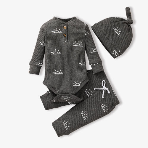 PatPat Baby Boy 95% Cotton Ribbed Long-sleeve Sun Print Button Design Romper and Elasticized Pants with Cap