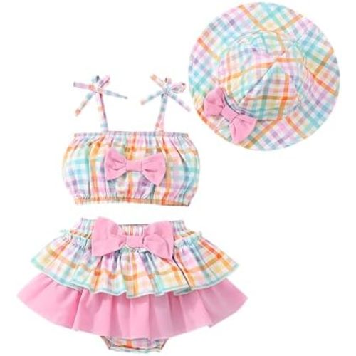 Baby Girl Summer Clothes Cute Strapless Top+Ruffle Bloomer Skirt Shorts+Sun Hat Outfits