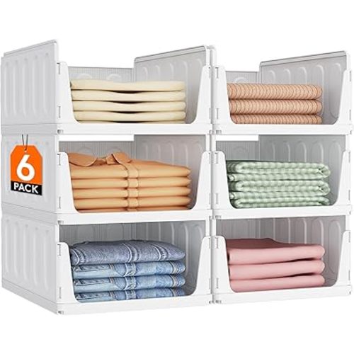 Lifewit Stackable Closet Organizers and Storage Basket for Clothes, Plastic Sweater Storage Bins for Wardrobe, Multifunctional Pants Organizer for RV, Pantry, Bathroom, Kitchen, Dorm, 24L, 6 Pack