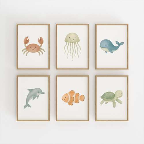 Ocean Animal Wall Art Set of 6 Prints – Cute Sea Creature Nursery Decor, Whale Dolphin Turtle Crab Jellyfish Clownfish Kids Bathroom Posters