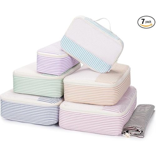 Narwey 7 Set Striped Packing Cubes for Travel Carry on Suitcase Luggage Organizer Bags for Kids Women Men, Durable Packing Organizers Bag, Travel Essentials Accessories (Stripe Combined)