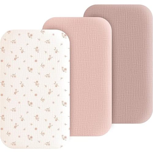 3 Pack Muslin Bassinet Fitted Sheets for Bedside Sleepers | Soft Cotton Baby Sheet Set Compatible with Baby Delight for Boys and Girls, Dream On Me, AMKE and Other Rectangle Mattresses