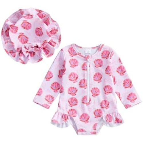 Baby Girl Swimsuit Newborn Duck/Shell Print One Piece Zipper Swimwear and Sun Hat Infant Rash Guard Bathing Suit