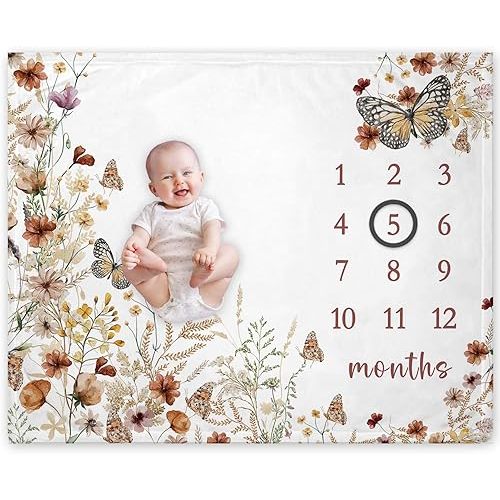 Yuzioey Wilfflower Girl Milestone Blanket, Floral Baby Growth Chart Monthly Blanket, Watch Me Grow Girl Wildflower Baby Nursery for New Moms Baby Shower(50"x40")