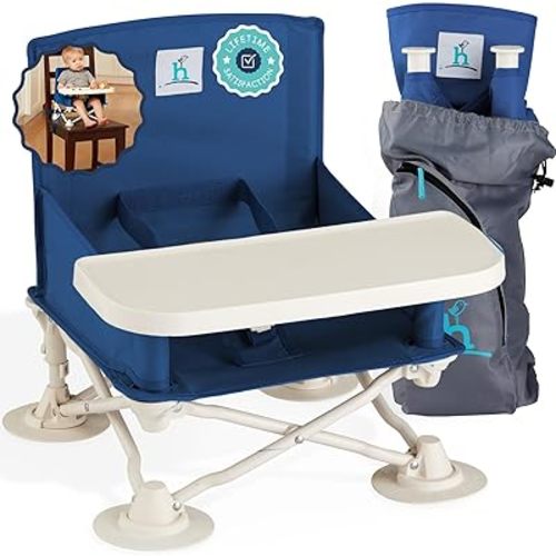Hiccapop OmniBoost Asiento elevador de viaje con bandeja para bebé | Asiento elevador portátil plegable para bebé para mesa de comedor, camping, playa, abuela, correas de diseño sin puntas para sillas