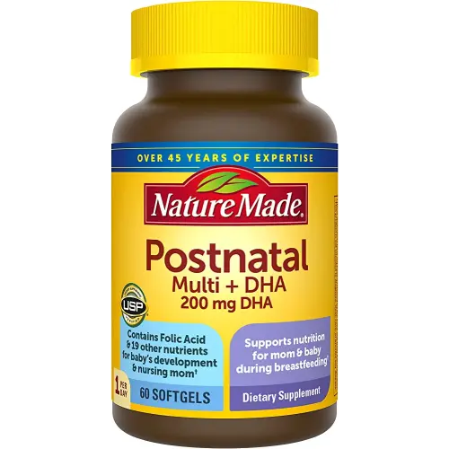 Nature Made Postnatal Multivitamin + DHA 200 mg, Postnatal Vitamins for Breastfeeding Moms & Babies, Vitamins & Nutrients Include Iron, Vitamin D3, Calcium, Iodine and More, 60 Softgels