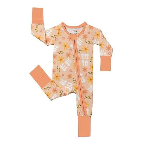 VISIKIDS Baby Bamboo Viscose Lil Sis & Floral Print Long Sleeve 2-Way Zip Up Romper, Footed One Piece Outfit With Mitten Cuffs For Newborn Girls 0-24M, Peach | SHEIN USA