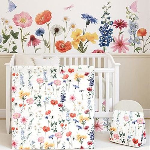 Oudain 4 Piece Spring Flower Crib Bedding Set Including Spring Wild Flower Crib Skirt, Blanket, Sheet and Diaper Stacker, Soft Neutral Nursery Standard Size Baby Bedding for Baby Girls and Boys