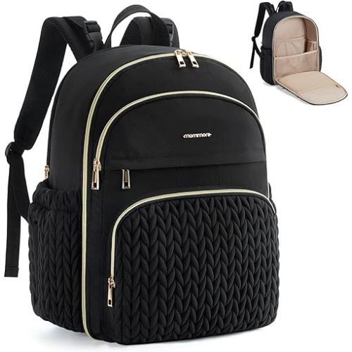 mommore Diaper Bag Backpack Large Baby Bag with Insulated Pockets, Laptop Sleeve Stroller Buckles, Quilted Travel Diaper Backpack with Luggage Strap