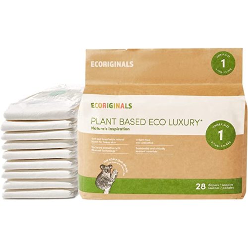 Ecoriginals Eco Disposable Hypoallergenic Diapers | Newborn Plus Baby Size 1, 5-11lbs | 1 Pack, 28 Count | Plant-Based, Non-Toxic
