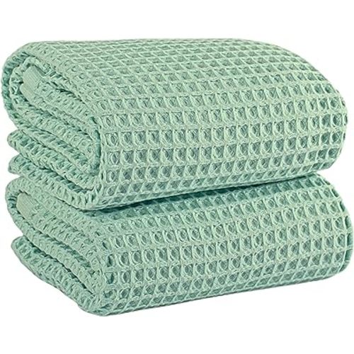 PÜSKÜL Natural 100% Turkish Cotton Waffle Bath Towels Set of 2 | 32x63 in Extra Large Bath Towel | Quick-Dry Lightweight Premium Quality Bathroom & Spa Towel (Ice Green Bath Towels - Pack of 2)