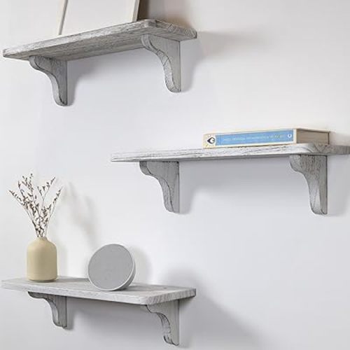 Real Wood Rustic White Farmhouse Wall Shelves - 17 inch (3 Pack) - Easy to Install, Template and Video Included - White Washed Floating Shelves, Antique Floating Shelves