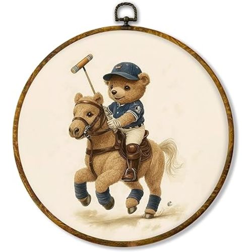 Hiuwevt Vintage Golfing Bear Round Wall Art Decor, Neutral Bear Sports Framed Canvas Prints, Golf Nursery Round Wall Hanging Decor for Nursery Kids Boys Room Bedroom Decorations, 10x10 Inches