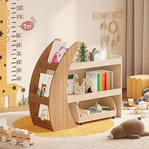Kids Bookshelf with Toy Storage and Movable Drawer, Wooden Montessori Bookcase Organizer for Toddlers and Children
