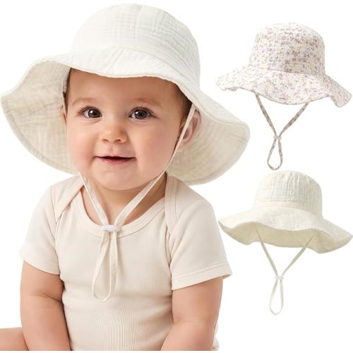 2-Pack Baby Sun Hat Muslin Cotton UPF 50+ Sun Protection Toddler Bucket Hat with Wide Brim for Girls Boys Summer Beach Hats