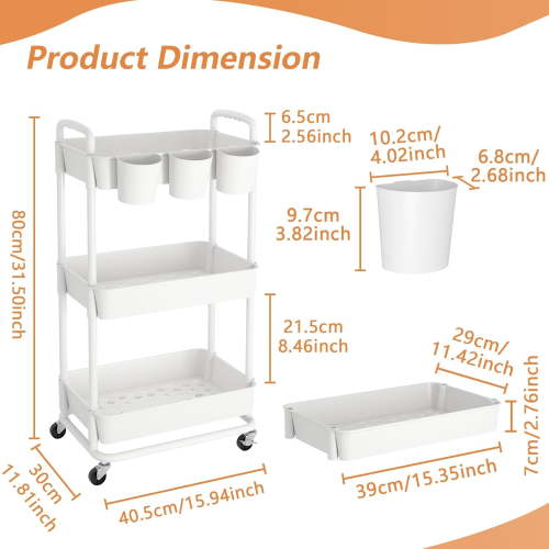 3-Tier White Plastic Rolling Storage Cart - Extra Hanging Cups, Handles & Lockable Wheels for Home & Office